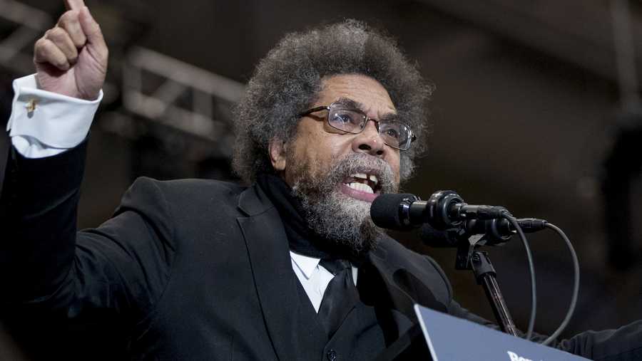FILE - Harvard Professor Cornel West speaks at a campaign rally for Democratic presidential candidate Sen. Bernie Sanders, I-Vt., at the Whittemore Center Arena at the University of New Hampshire, Feb. 10, 2020, in Durham, N.H. West says he will run for president in 2024 as 3rd-party candidate.  (AP Photo/Andrew Harnik, File)