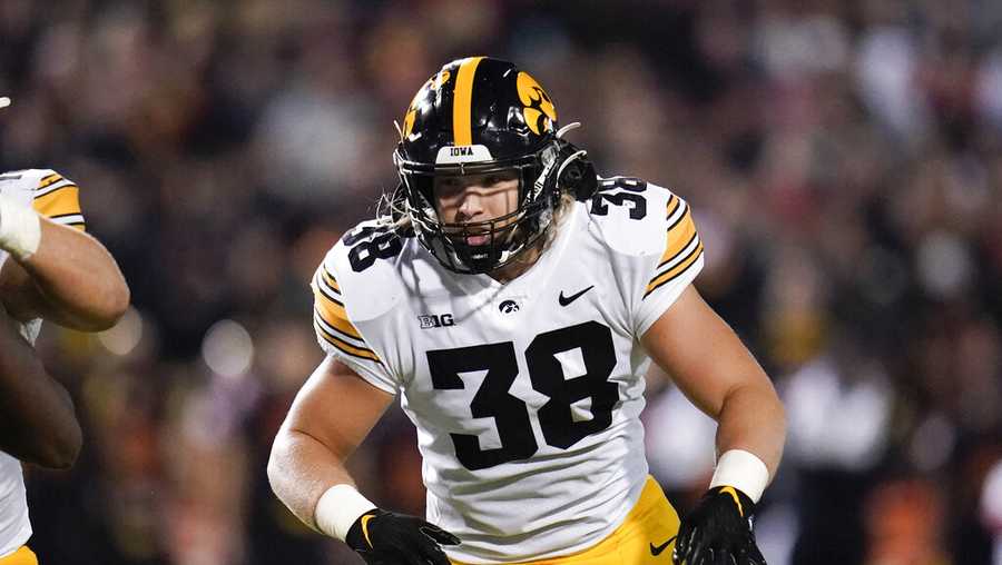 Iowa fullback Monte Pottebaum runs a route against Maryland during the first half of an NCAA college football game, Friday, Oct. 1, 2021, in College Park, Md. (AP Photo/Julio Cortez)