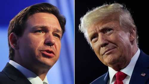 Florida Gov. Ron DeSantis and former President Donald Trump are pictured here. The 2024 Republican presidential race is playing out in close quarters on August 12 at the Iowa State Fairgrounds.